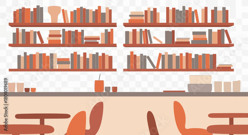 Bookshelves filled with books and a counter with cups and chairs.