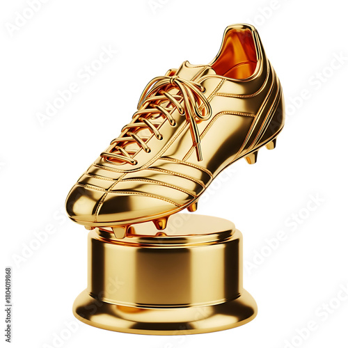 Golden football boot trophy on a pedestal against a transparent background