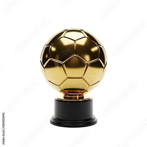 Golden soccer ball trophy on a black pedestal against a transparent background