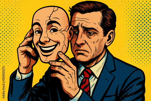 depressed man holding a cracked smiling mask, symbolizing hidden emotions, depression, and emotional facade. Generative ai vector colorful pop art illustration.