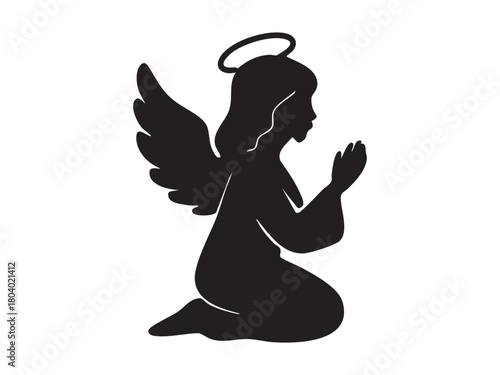 Black silhouette of christmas angel with halo and wings, kneeling and praying, isolated on white background. concept of holiday spirit, guardian, religious symbol, icon, design element