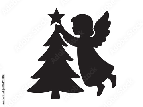 Black silhouette of christmas angel placing star on tree, isolated on white background. concept of festive season, holiday decor, christmas spirit, decoration, design element.