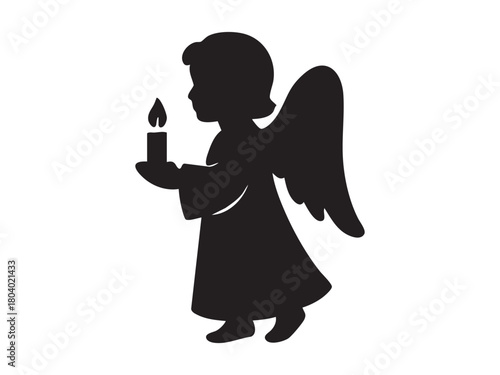 Christmas angel silhouette holding candle, isolated on white background. concept of holiday spirit, festive decor, guardian angel, christmas ornament, religious symbol