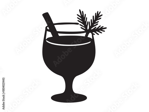 Black silhouette of christmas drink in wine glass with cinnamon stick and pine branch, isolated on white background. concept of festive beverage, holiday cheer, winter decor, icon