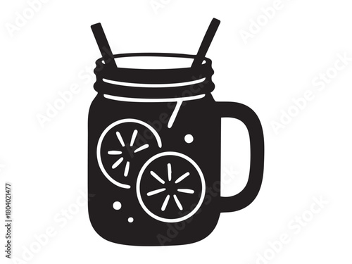 Black silhouette of christmas drink in mason jar with citrus slices and straws. concept of festive beverage, holiday cheer, winter refreshment, cafe, icon, design element.