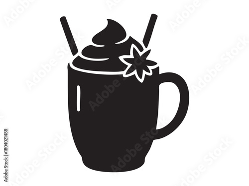 Black silhouette of christmas drink with whipped cream, star anise, and straws in a mug, isolated on white background. concept of holiday beverage, festive cafe, seasonal decor