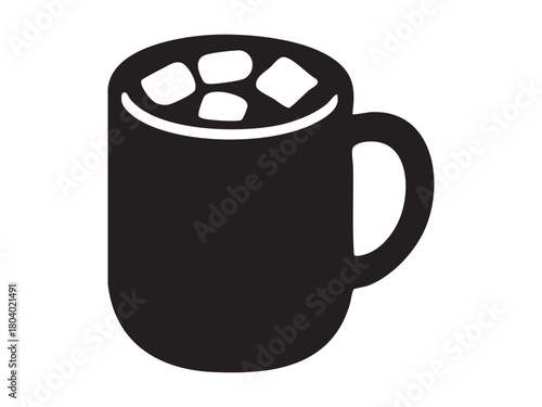 Black silhouette of christmas drink with marshmallows in mug, isolated on white background. concept of holiday beverage, hot chocolate, winter drink, cozy cafe, seasonal icon