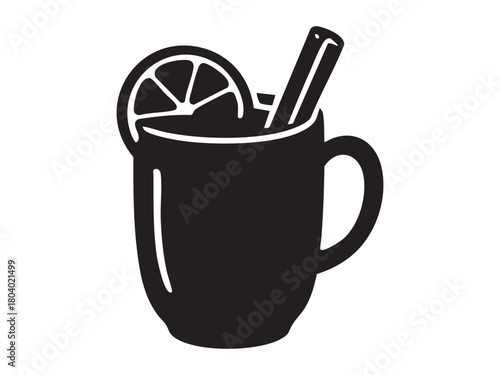 Black silhouette of a christmas drink with cinnamon stick and lemon slice, isolated on white background. concept of holiday beverage, festive mug, winter warm drink, celebration.