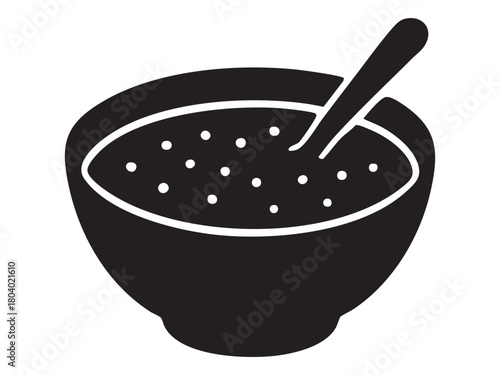 Black silhouette of soup bowl with spoon isolated on white background. concept of food, culinary art, kitchenware, cooking, illustration, icon, logo, design element