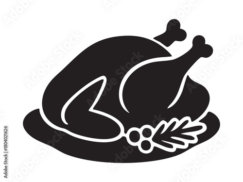 Black silhouette of christmas turkey with decorative elements, isolated on white background. concept of holiday meal, festive dinner, traditional cuisine, icon, logo, design element