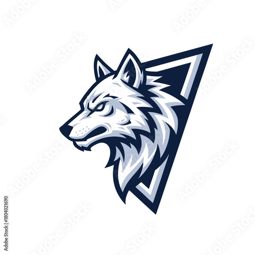 A fierce white and blue wolf head mascot logo in profile against a triangular background.