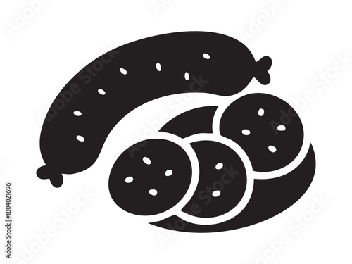 Black silhouette of christmas food, sausage with sliced salami, isolated on white background. concept of holiday cuisine, festive meal, traditional winter dishes, graphic illustration.