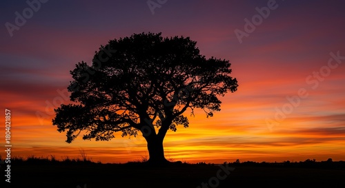 A striking dark outline of a majestic tree against a vibrant, fiery sunset sky, creating a dramatic and powerful visual ,environment ,calm ,landscape