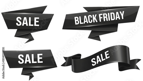 Dynamic black sale banners and Black Friday ribbons create a sense of urgency for your next promotional campaign.