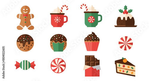 An assortment of colorful and delicious Christmas-themed desserts and candies, including gingerbread, hot cocoa, and cakes.