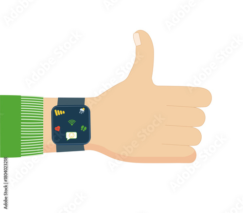 A man's hand in a green sports jacket, smartwatch on his wrist, thumbs up, fitness bracelet, smartwatch, fitness tracker