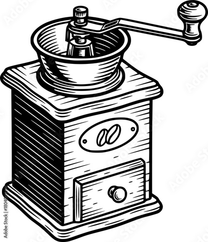 monochrome line-art illustration of a vintage manual coffee grinder
