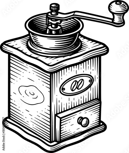 monochrome line-art illustration of a vintage manual coffee grinder
