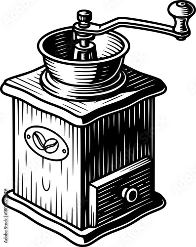 monochrome line-art illustration of a vintage manual coffee grinder
