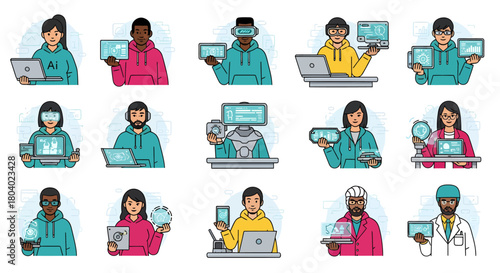 Diverse Tech Users AI, VR, AR, Digital Devices, Vector Illustration