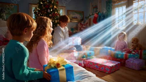 A Warm Family Moment as Children Delightfully Unwrap Their Colorful Presents Beneath a Beautifully Decorated Christmas Tree, Bathed in Magical Rays of Light and Festive Cheer