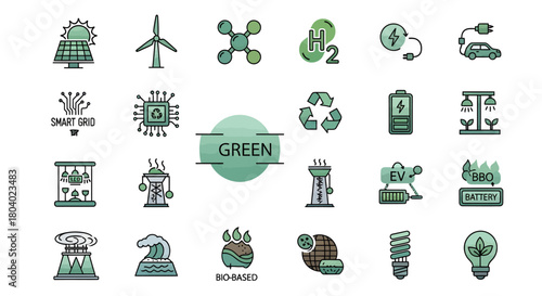 Green Energy Icons Renewable Power, Sustainability, Eco-Friendly Technologies