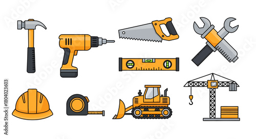 Construction Tools Vector Set Hammer, Drill, Saw, Bulldozer, Crane, and More
