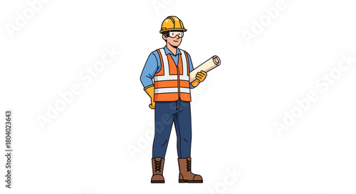 Construction Worker with Blueprint, Safety Vest, Hard Hat, Vector Illustration