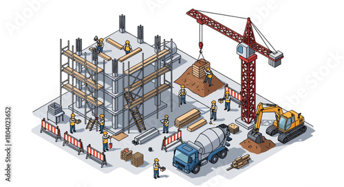 Construction Site Isometric Illustration Building, Crane, Workers, and Equipment