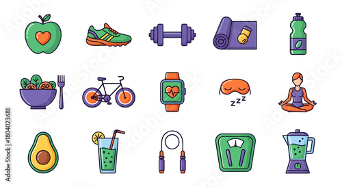 Healthy Lifestyle Icons Fitness, Diet, Exercise, Wellness, Wellbeing, Vector Illustration