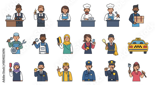 Diverse Professions Icon Set Chef, Doctor, Carpenter, Police, Taxi Driver  More
