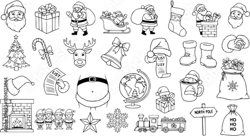 Black and white hand-drawn Christmas themed icons, illustrations, and elements collection including Santa Claus, gifts, reindeer, tree, and more, perfect for holiday designs.