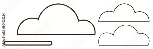 Three cloud outlines in varying sizes paired with a thin flat ground, emphasizing clarity and simplicity. Ideal for weather, sky, nature, minimalist design, calm, serenity, simple flat metaphor