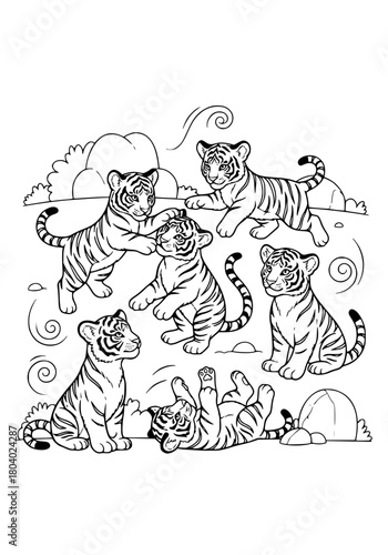 Frolicking tiger cubs. coloring book