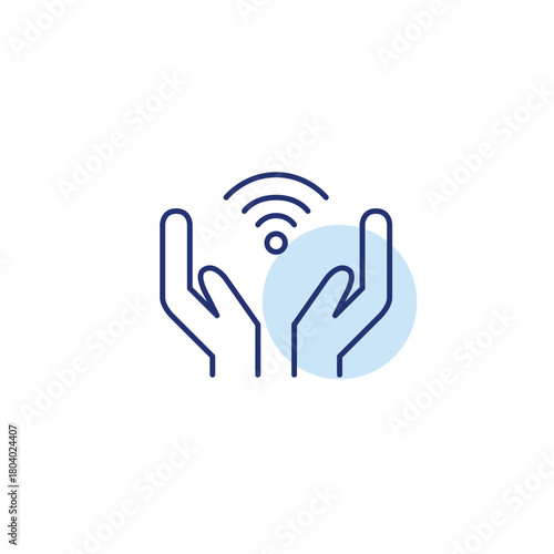 Wi-fi symbol in 2 hands. Customer service, trusted connection. Secure internet, support and sharing. Pixel perfect, editable stroke vector icon