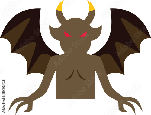 Demonic creature with red eyes, horns, and claws spreading its bat like wings