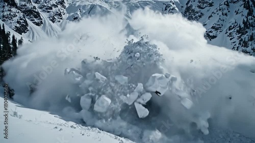 Massive avalanche crashes down mountain, powerful snow surge engulfs landscape, winter phenomenon amid serene alpine scenery