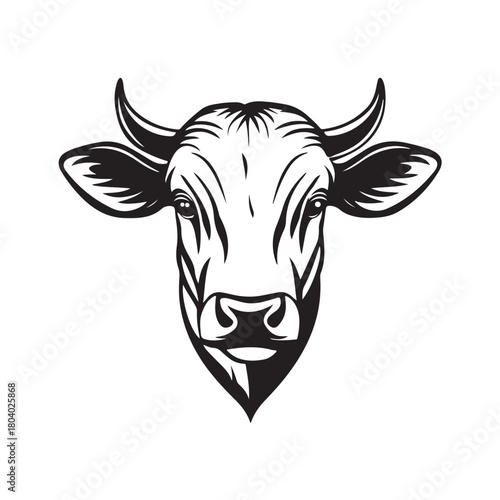 cow head in silhouette, Detailed black and white sketch of a cow head in silhouette style,  cow head with horns and expressive eyes silhouette vector