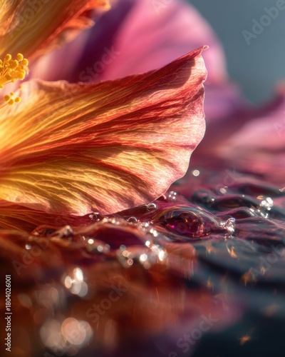 Serenity of a vibrant hibiscus flower petal floating on shimmering water surface