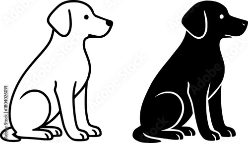 Dog illustration, black and white, outline and silhouette versions