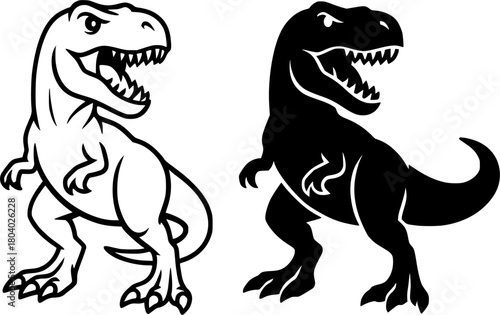 Tyrannosaurus illustration, black and white, outline and silhouette versions