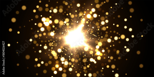 Light glare with glitter explosion and glowing particles on dark. Golden bright sparkling burst radiating warm light dynamic motion effect. Festive glow with bokeh highlights. Vector illustration.