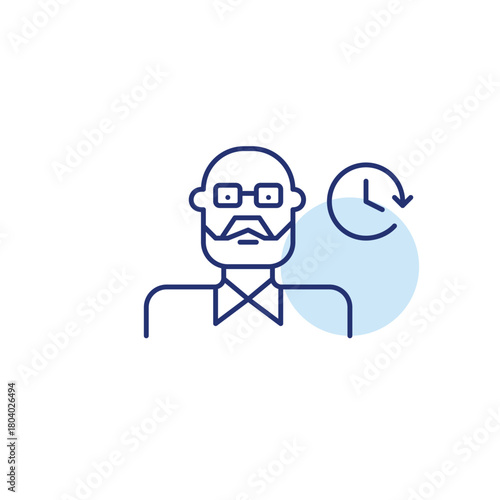 Man wearing glasses and clock. Daily routine, timeless tracking and work schedules. Pixel perfect, editable stroke vector icon