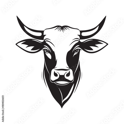 cow head in silhouette, Detailed black and white sketch of a cow head in silhouette style,  cow head with horns and expressive eyes silhouette vector
