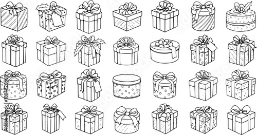 Hand-drawn Outline Gift Boxes Collection - Variety of Presents with Bows and Ribbons for Holidays and Celebrations
