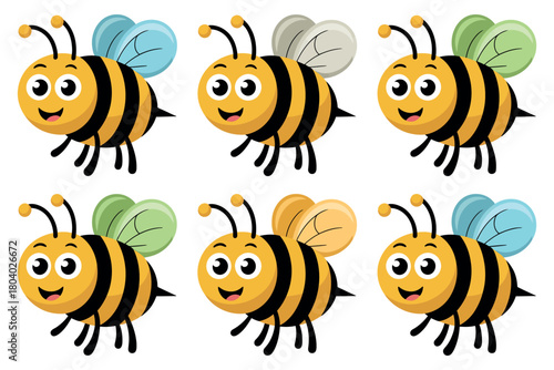 Six cheerful cartoon bees with colorful wings smiling and ready to fly