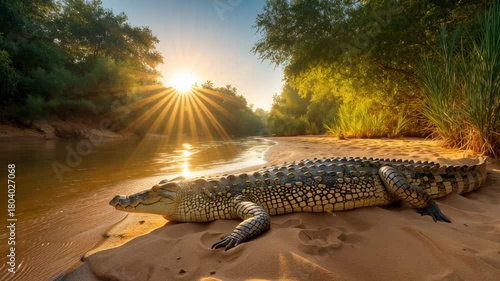 A large saltwater crocodile rests comfortably on a sandy riverbank, enjoying the warmth of the sun rising over the tranquil waters. The scene captures nature's beauty at sunrise