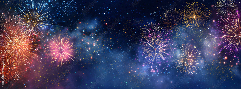Naklejka premium Fireworks on blue background with stars and space for text