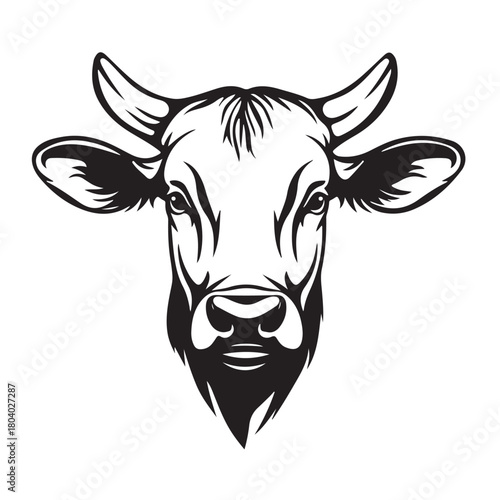cow head in silhouette, Detailed black and white sketch of a cow head in silhouette style,  cow head with horns and expressive eyes silhouette vector