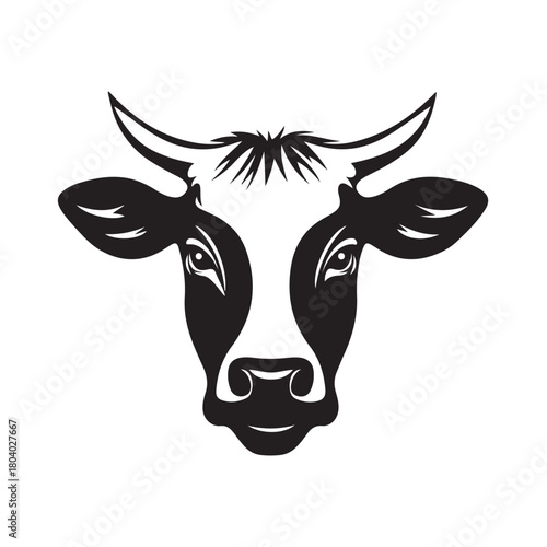 cow head in silhouette, Detailed black and white sketch of a cow head in silhouette style,  cow head with horns and expressive eyes silhouette vector